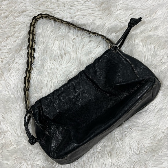 Fossil Handbags - Fossil Pebbled Leather Purse Black Drawstring Hobo Bag Braided Strap